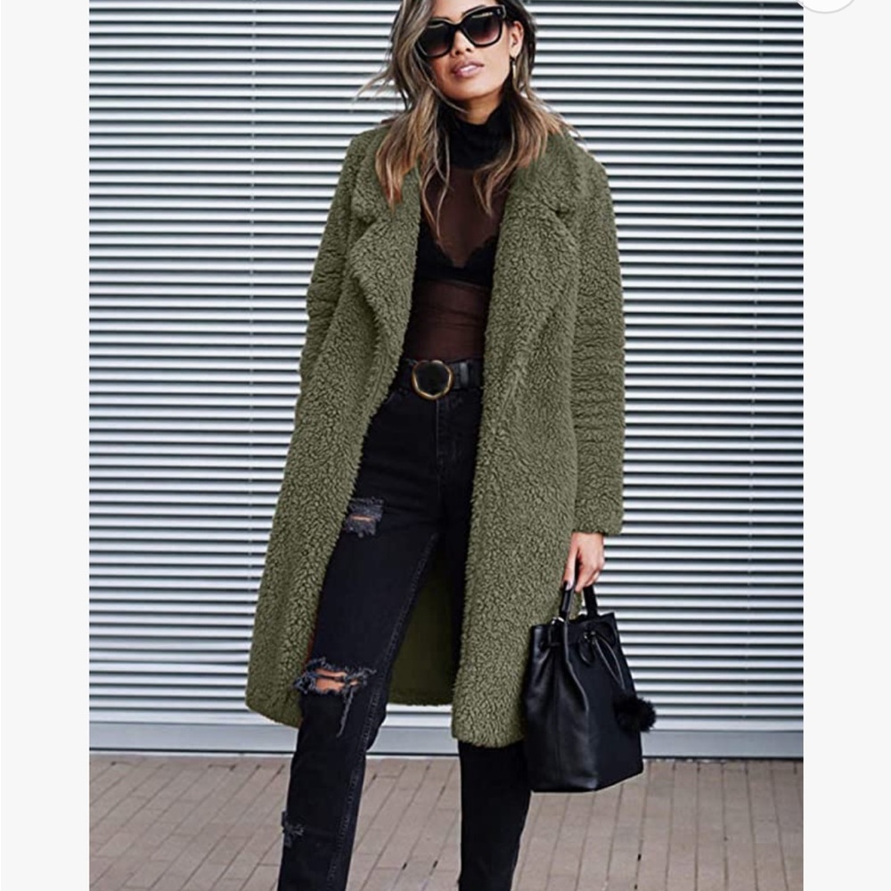 Angashion Women's Fuzzy Fleece Lapel Open Front Long Cardigan Coat